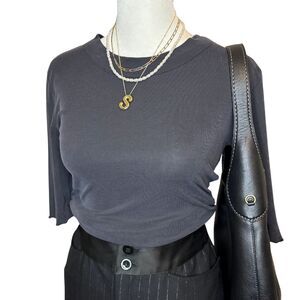 Free People Black Ribbed Short Sleeve Side Ruched Crew Neck Tee Size Small